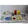 Image 1 : (7) Saucers/Plates, Standing Dish, Garlic Bowls, Glass Cups, Assorted Dish ware and China