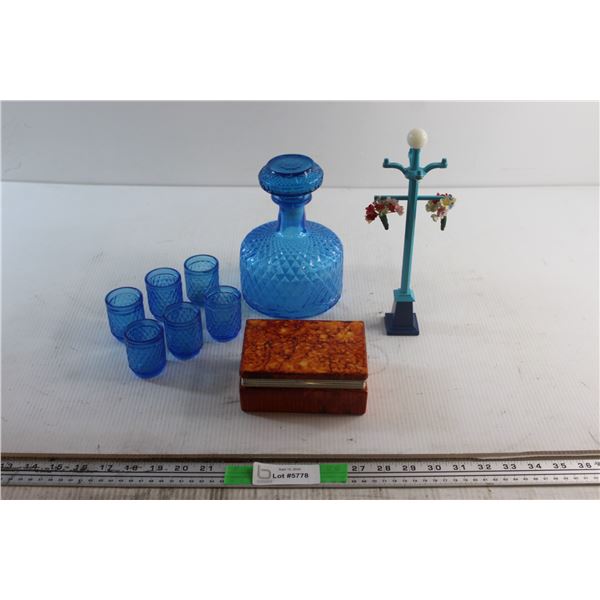 Blue Glass Vintage Decanter Set, Jewelry Stand and Jewelry Box
