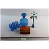 Image 1 : Blue Glass Vintage Decanter Set, Jewelry Stand and Jewelry Box