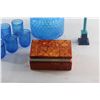 Image 2 : Blue Glass Vintage Decanter Set, Jewelry Stand and Jewelry Box