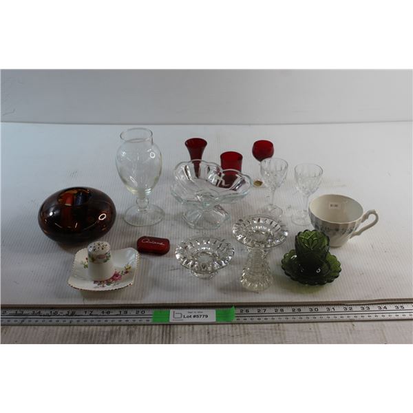 (2) Candle Holders, Glass Candy Dish, Avon Solid Perfume, Assorted Lipsticks and Assorted Glassware