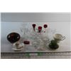 Image 1 : (2) Candle Holders, Glass Candy Dish, Avon Solid Perfume, Assorted Lipsticks and Assorted Glassware