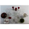 Image 2 : (2) Candle Holders, Glass Candy Dish, Avon Solid Perfume, Assorted Lipsticks and Assorted Glassware