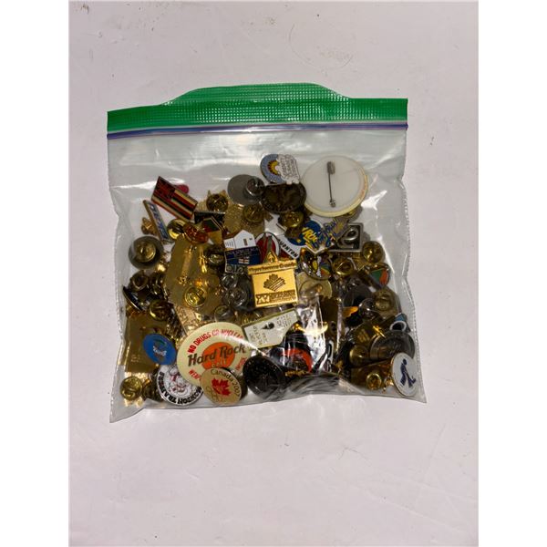 Sandwich Baggie of Various Pin Back Pins and Buttons