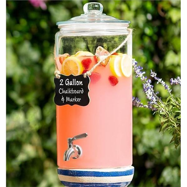 2 Gallon Beverage Serveware with Stainless Steel Spigot + Marker & Chalkboard 100% Leakproof Glass D