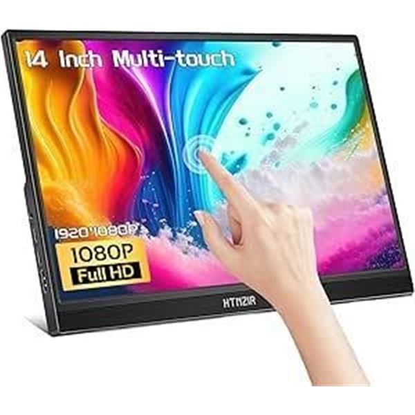 HTNZIR 14 Inch Portable Touchscreen Monitor, HDR, Plug&Play IPS FHD 1080P Display with Kickstand & B
