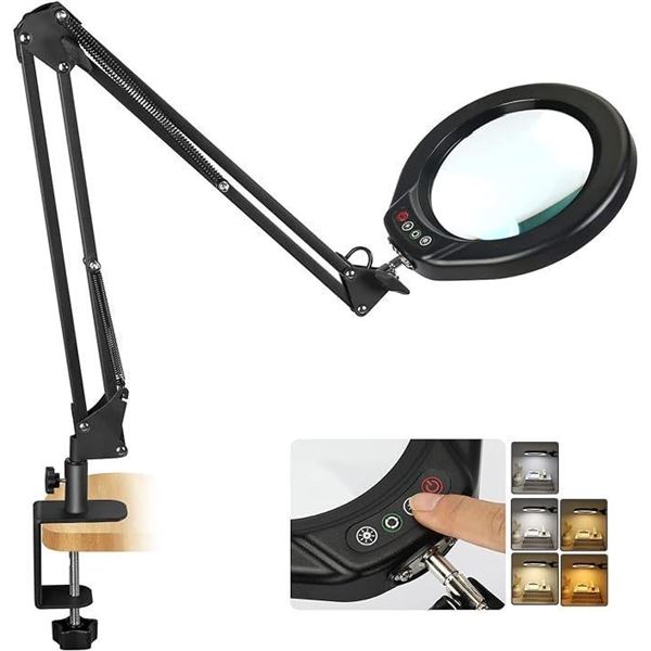 VEEMAGNI 5 Inch Large Magnifying Glass with Light and Stand, 5 Color Modes Stepless Dimmable, Long S