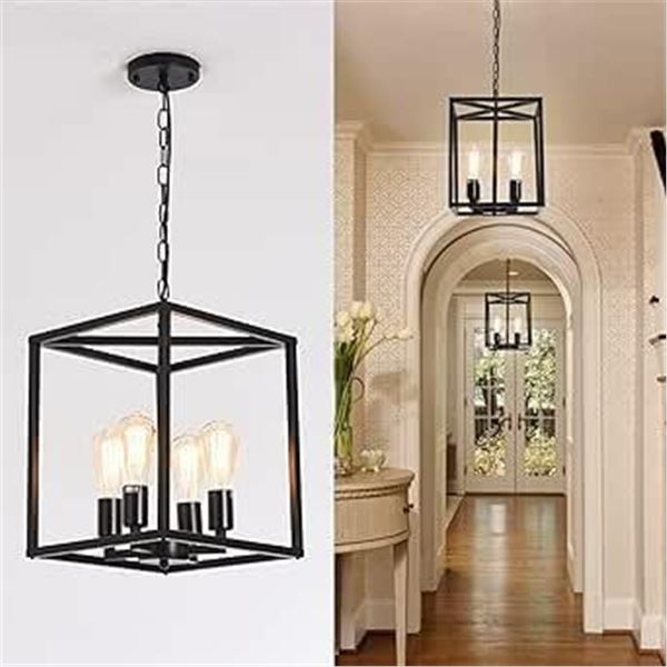 Qcyuui 4-Light Lantern Chandeliers Industrial Metal Adjustable Height Foyer Pendant Lamp, Rustic Bla
