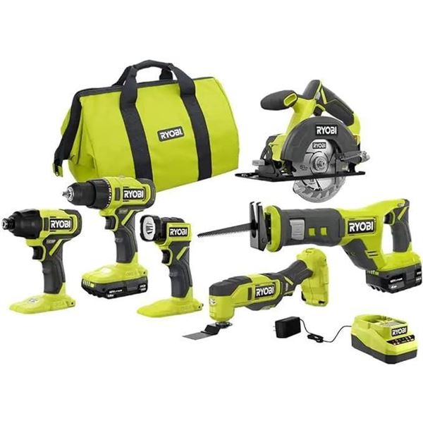 RYOBI ONE+ PCL1600K2 18V Cordless 6-Tool Combo Kit with 1.5 Ah Battery, 4.0 Ah Battery, and Charger