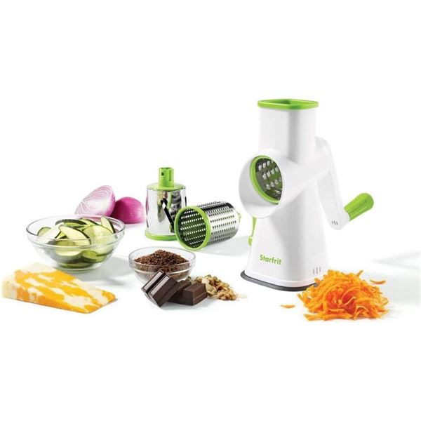 Starfrit Drum Grater - 3 Interchangeable Stainless Steel Barrels - Slice, Coarse and Fine Grating - 