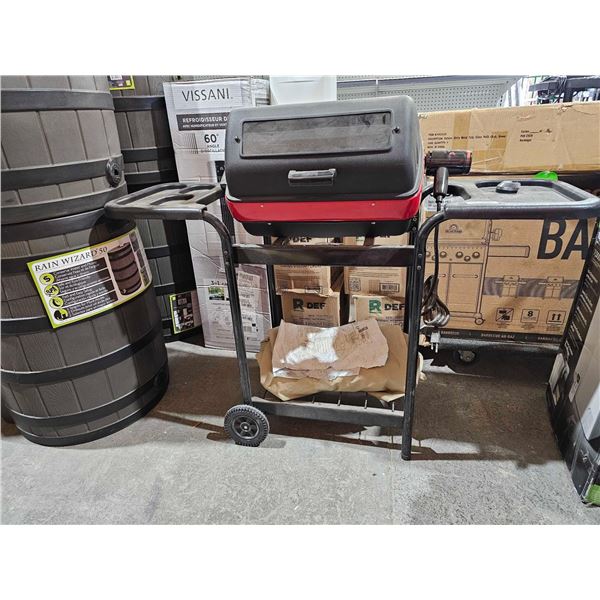 Americana Electric Cart Grill with two side tables, shelf and rotisserie