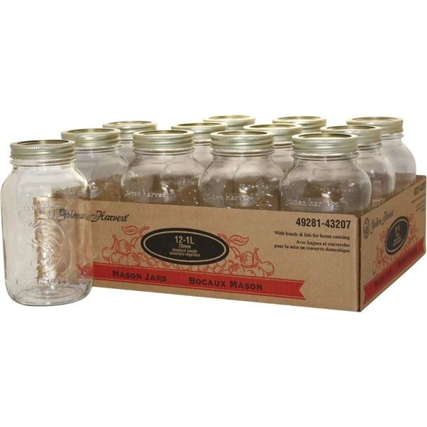 Golden Harvest Regular Mouth Glass Mason Jars with Snap Lids, 1 L, 12 Count