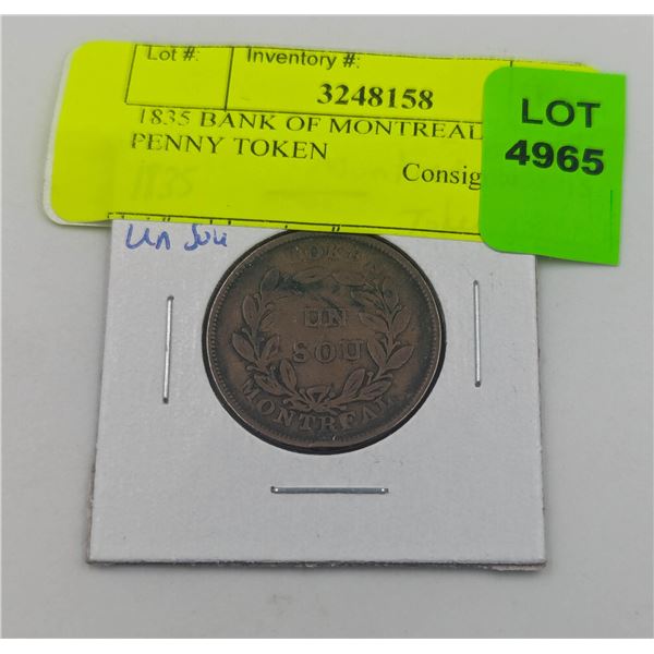 1835 BANK OF MONTREAL UN SOU PENNY TOKEN