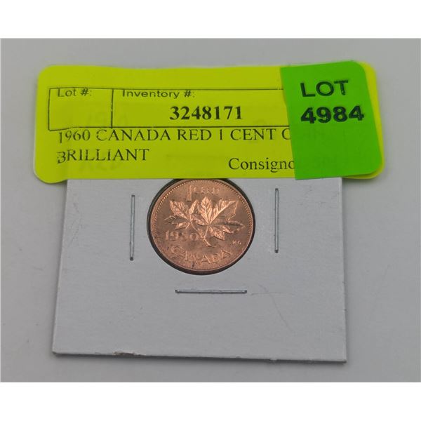 1960 CANADA RED 1 CENT COIN, BRILLIANT
