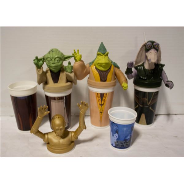 STAR WARS 1999 CUP TOPPERS W/CUPS (4 TOPPERS; 5