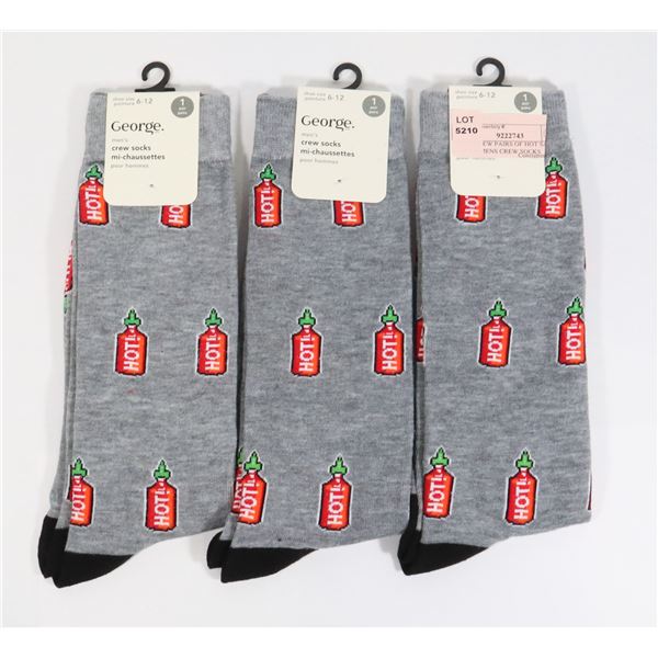 THREE NEW PAIRS OF HOT SAUCE THEME MENS CREW SOCKS