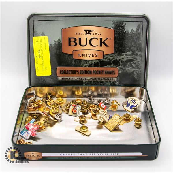 35+ LAPEL PINS IN A BUCK KNIFE TIN
