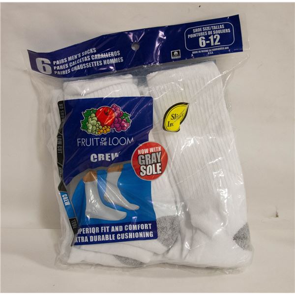 WHITE CREW SOCKS 6-12 SIZE 6-PACK FRUIT OF