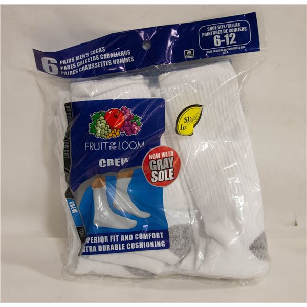 WHITE CREW SOCKS 6-12 SIZE 6-PACK FRUIT OF