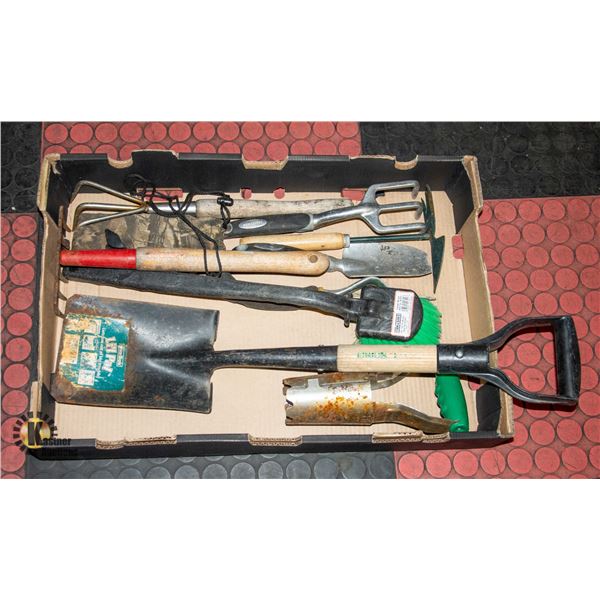 BOX OF GARDENING TOOLS
