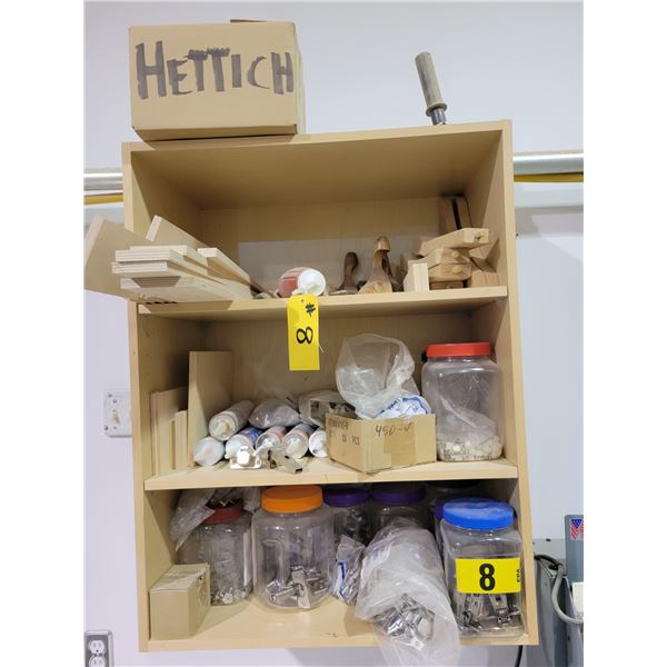 Cabinet with variety of european hinges, various silicon, caulking, and PL, misc wood pieces