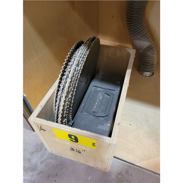 various 12" saw blades and tool box with machine tools