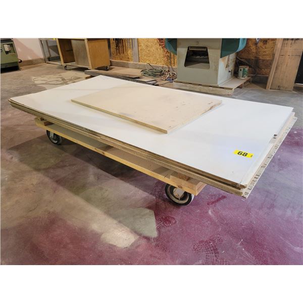 various MDF 4 x 8 sheets with rolling  cart to accomdate lift of plywood