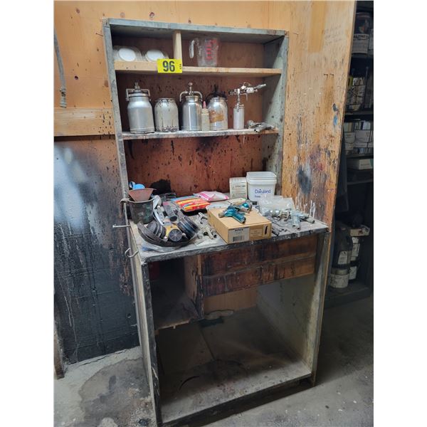 spray pots, 2 Binks spray guns, spray gun parts, filters, hammer, chisel, misc