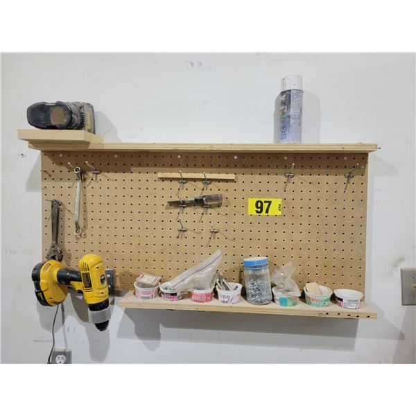 Dewalt 18volt Drill/charger, wrenches, chlsel, peg board,pegs, various screws