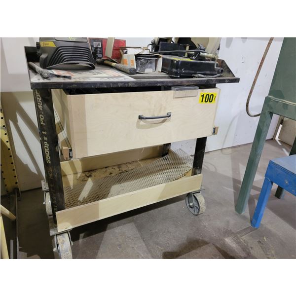 Rolling welding metal cart 23" x 35" x 36"high, welding masks, brushes, grinding wheels, misc