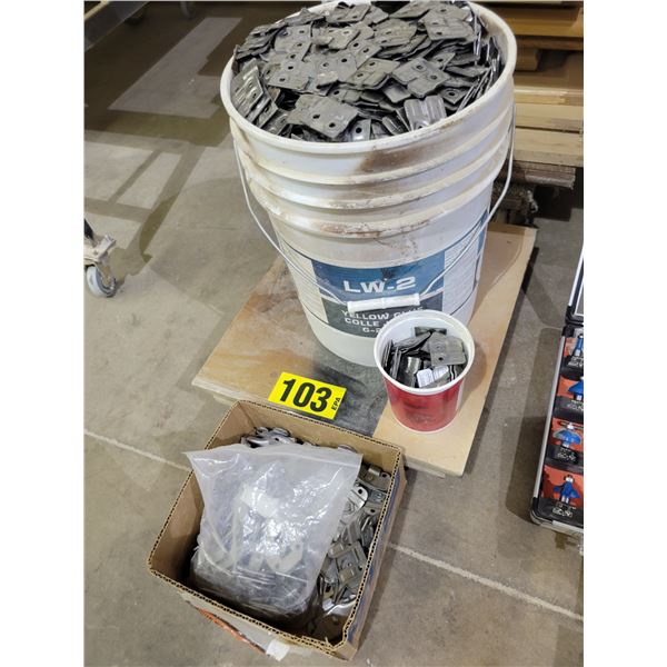 pail of table clips, sashes, cart