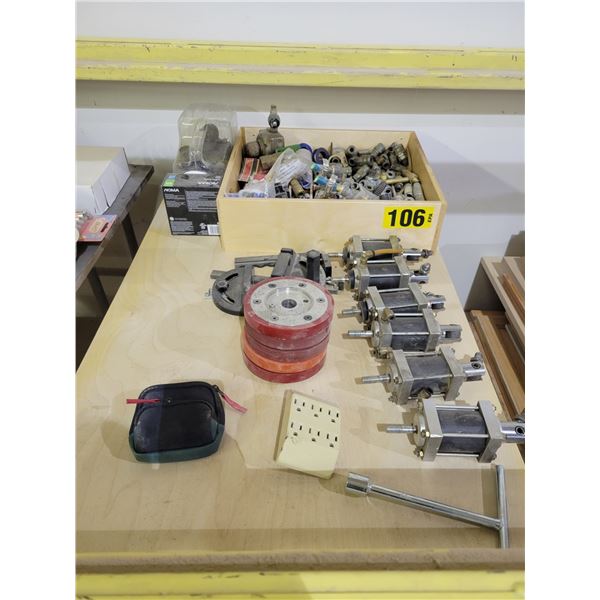 Box of pneumatic fittings, knobs, 6 pneumatic cylinders, replacement wheels