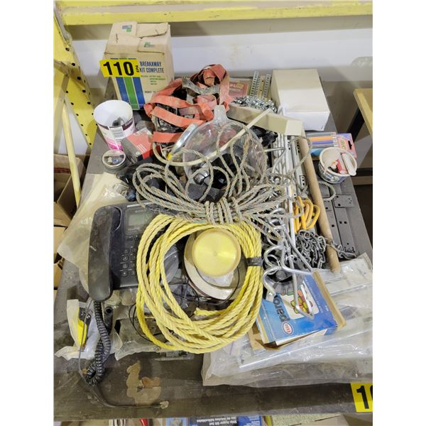 Misc hinges, phone, sandpaper, ship auger bits, tire