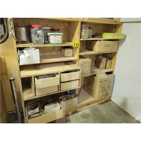 various furniture hinges, handles, shelf clips, first aid kit