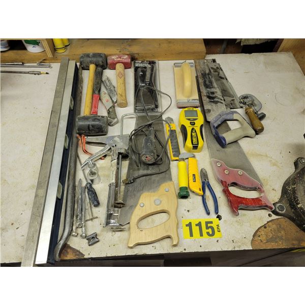 2 levels, rubber hammer, handsaw,silicon gun, handsander, knives, brush and scraper set
