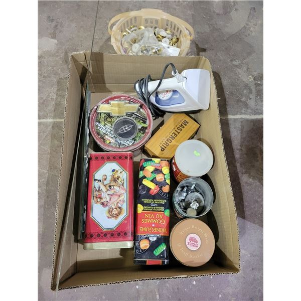 chair tacks, tins, iron, misc