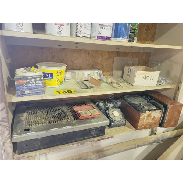 Tremclad and indoor paint, heater, rotary phone, speakers, sandpaper and putty sticks