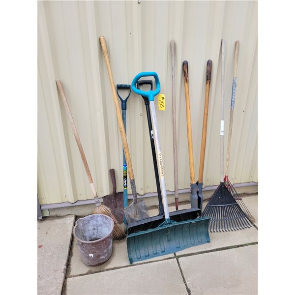 2 snowshovels, broom, shovel, post hole digger, 2 rakes