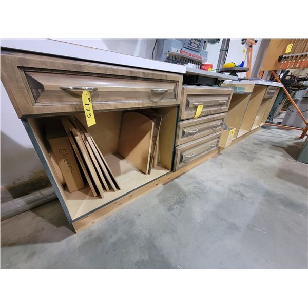 Maple cabinet, 6 sections, 24"d x 144"long x 36"high, comes with small oak doors and chair seat temp