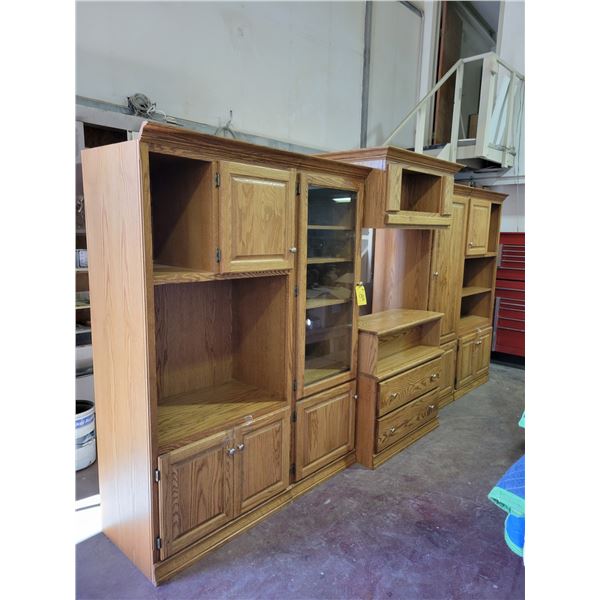 Red Oak wall unit, 12' x 76"high, 7 sections, CD and DVD storage built in, medium finish