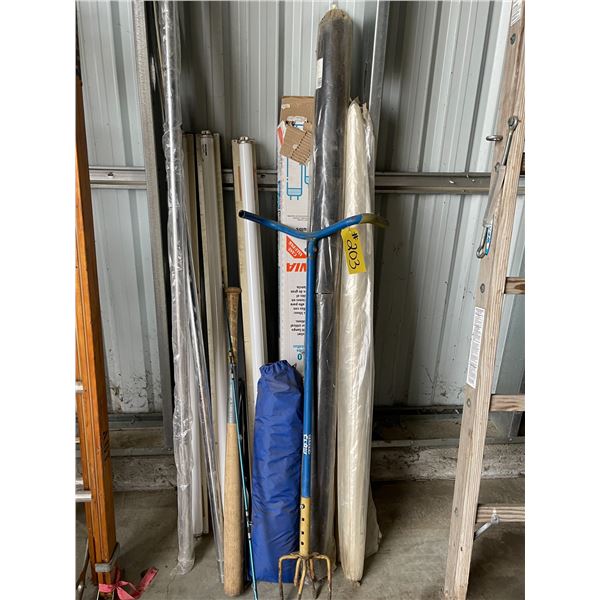 misc lights, bat, garden tiller, poly