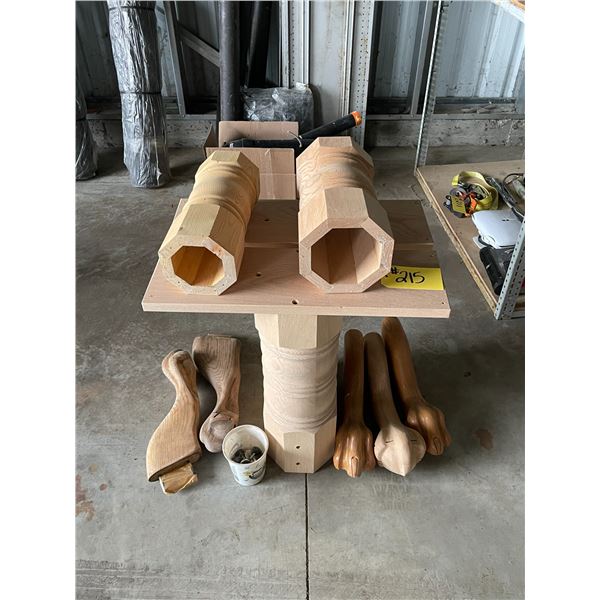 2 oak dining table pedestals, 1 oak coffee table pedestal, 1 pine coffee table pedestal, 2 lions paw