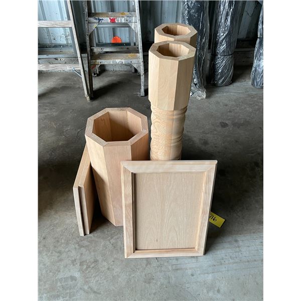 3 oak pedestals, oak calendar frame,2 shelves