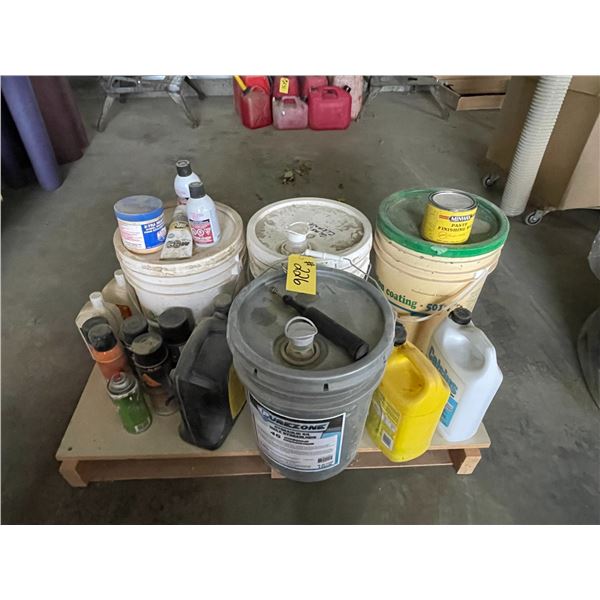partial jug hydrolic oil, 5 gal hand cleaner, glass cleaner, partial pail foundation coating, 1 gal 