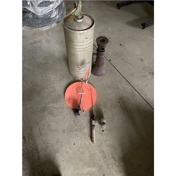 Antique house jack, oil tank, ice fishing rod