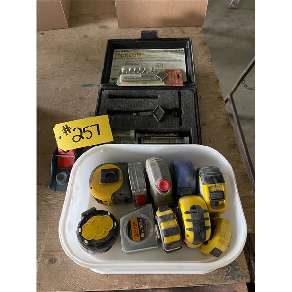 misc measuring tapes, plane, spark plug threaded repair kit