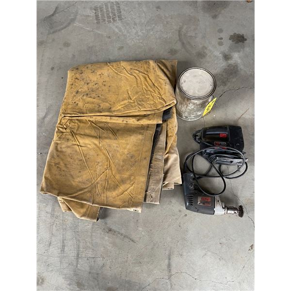 tarp, wheel chuck, drill, jigsaw