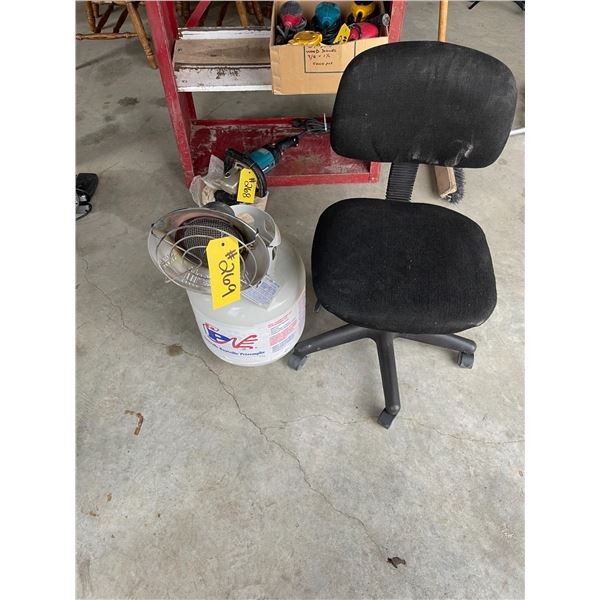 desk chair, propane heater