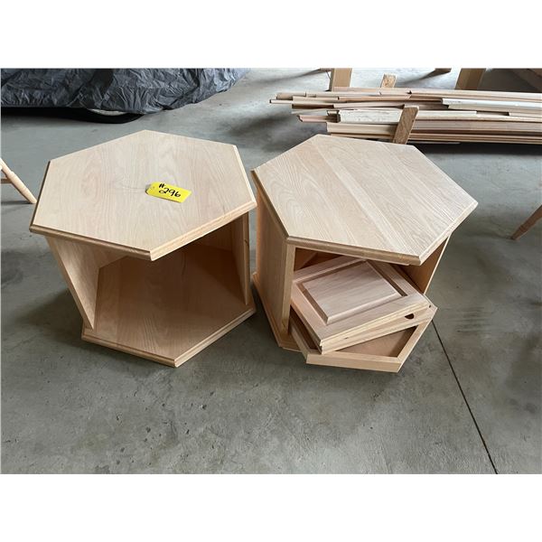 2 oak hexagon end tables with doors