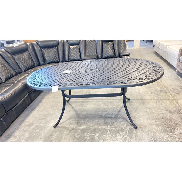 BLACK METAL PATIO TABLE WITH WOVEN DESIGN AND UMBRELLA HOLE (72"W 42"D 28.5"H)